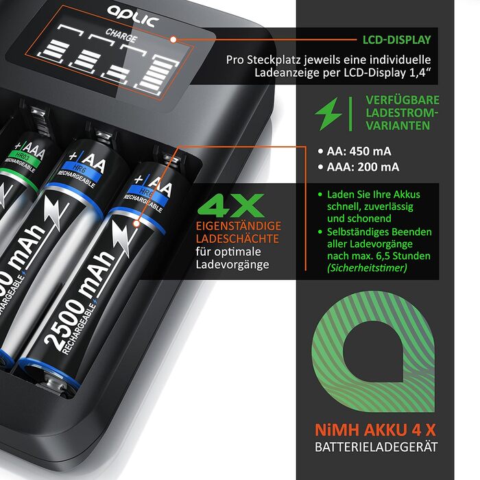 Зарядний пристрій для акумуляторів CSL - 4 слоти AA/AAA NiMH з LCD-дисплеєм, чорний