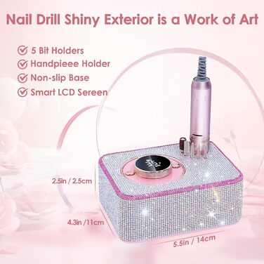 Професійна електрична машинка для манікюру та педикюру 45000 RPM, рожева, з алмазним фрезером, для салонного та домашнього використання