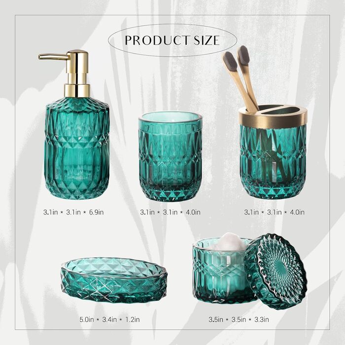 EMPO 6-Piece Bathroom Accessory Set in Clear Glass (Lotion-Soap Dispenser, Soap Dish, Toothbrush Holder, Cup, Cotton Swab Holder), Modern Decoration, Crystal Vintage Gift (Oceanwave)