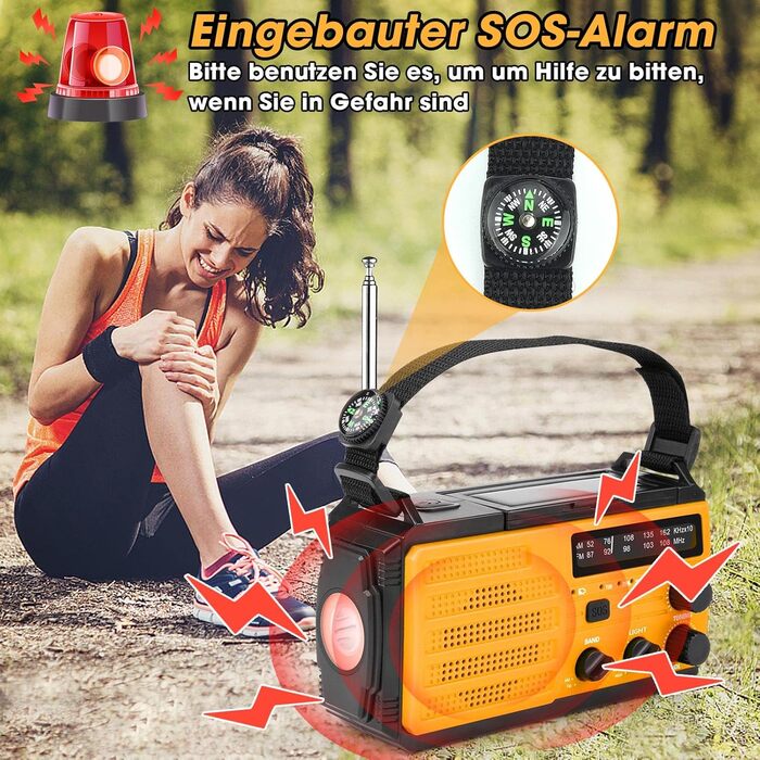 Сонячне радіо Kurbelradio 8000mAh з ручним заводом, AM/FM, динамо, радіо для надзвичайних ситуацій, ліхтарик LED, компас, IPX3, оранжевий