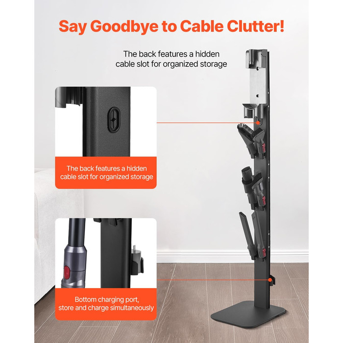 Підставка для пилососа VEVOR 126 см, сумісна з Dyson G5 V15 V12 V11 V10 V8 V7 V6, з аксесуарами, 6 гачків, неслизькі підкладки, срібна (чорна платформа)