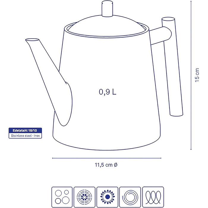 Kela Teapot with infuser, stainless steel teapot ANCONA, teapot for loose leaf tea and tea bags, tea maker, silver (0.9 L)