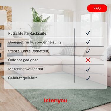 Килим Interiyou Fargo для вітальні 80x150 см - короткий ворс, миється, не ковзає. М'який штучний килим з хутром, довгий ворс (140 x 200 см, прямокутний), зелений