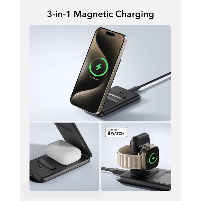 Зарядна станція 3-в-1 ESR для Apple Watch та iPhone з MagSafe, чорна
