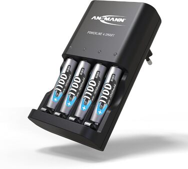 Зарядний пристрій ANSMANN Powerline 4 Smart з 4x NiMH акумуляторами 2850mAh для AA/AAA - автоматичний зарядний пристрій з режимом відновлення, для перезаряджуваних батарей (включно з 4x 1100mAh AAA)