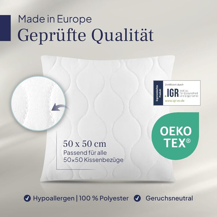 Подушки Gentle North 50x50 см, 4 шт — декоративні подушки для ліжка та дивана, з наволочкою на блискавці, для наповнення, білі, Ökotex, пральні до 60°C