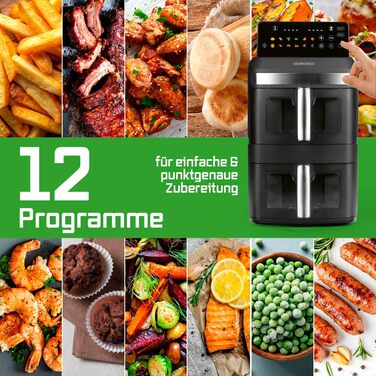 Фритюрниця повітряна Gourmetmaxx AirGenius 9 л (2 x 4,5 л) з 8 програмами | 2 камери для приготування 2 страв одночасно | Сенсорний дисплей | Для 8 осіб