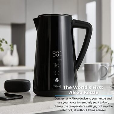 Чайник електричний Swan Alexa WIFI, 1.5L, з регулюванням температури, чорний, бездротовий, LED-touchscreen, підігрів, Cool Touch, ізольована сталева стінка, 1800W, SK14650BLKNEU (uk_Plug)