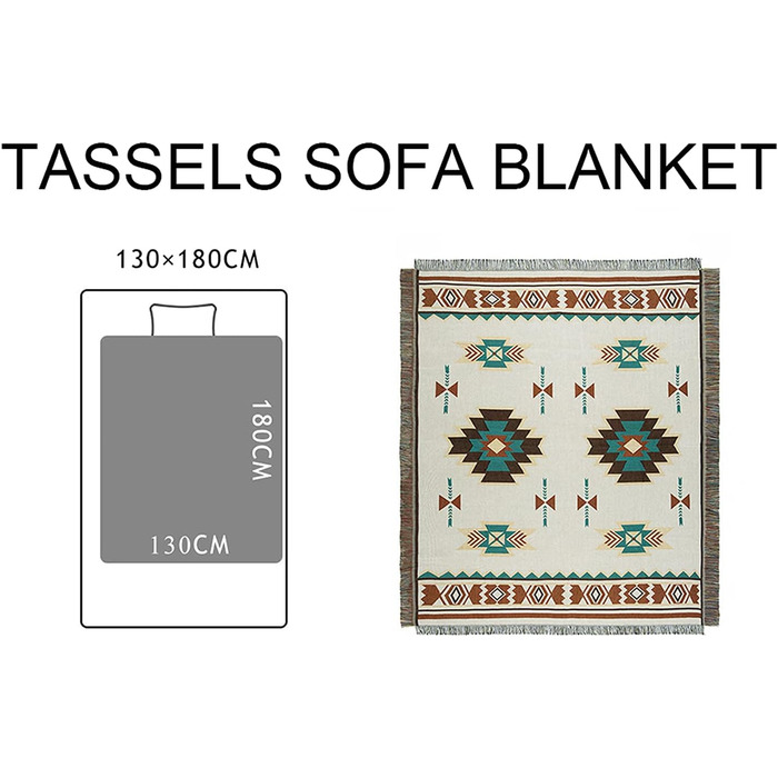 Плед Boho з китицями 130×180 см, геометричний жаккардовий плед у американському етнічному стилі, декоративний плед для дому, офісу, подорожей і кемпінгу Sucre