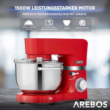 Кухонна машина Arebos 1500W з двома чашами з нержавіючої сталі 4.5 та 5.5L, 6 швидкостей | Міксер з набором насадок (крюк для тіста, міксер, вінчик) та захистом від бризок