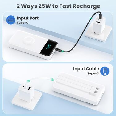 Powerbank 10800mAh з кабелем, зарядним пристроєм для Apple Watch, 6-в-1, PD 25W+QC4.0 USB-C, швидка зарядка, LED-дисплей, сумісний з iPhone 16/15/14, Samsung та ін.