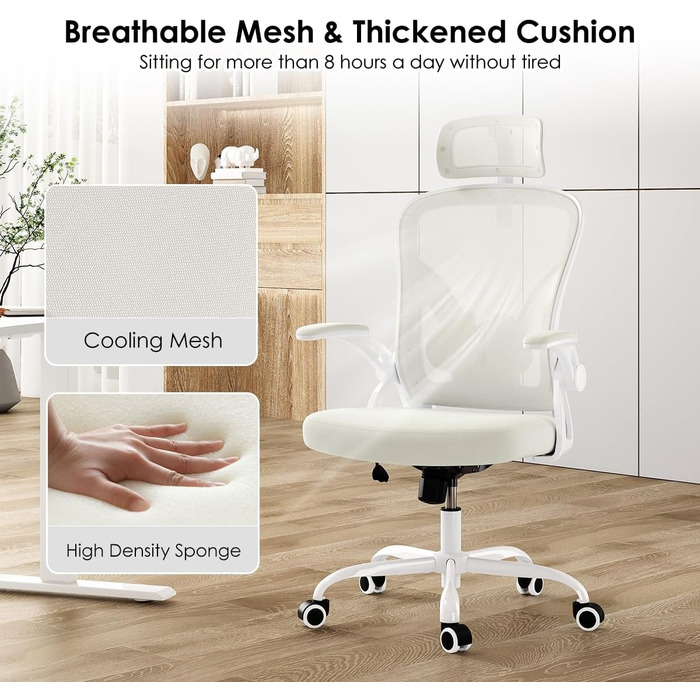 Ергономічне крісло Farini з регулюванням висоти, для офісу та дому, з підголівником, 150 кг, на роликах (білий)