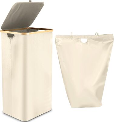 Laundry Basket with Lid 100L, Laundry Box with Bamboo Handles and Inner Pocket, Bamboo Laundry Collector, Large Capacity, Laundry Baskets, Foldable Laundry Baskets for Laundry Room, Bedroom, Bathroom (Beige)