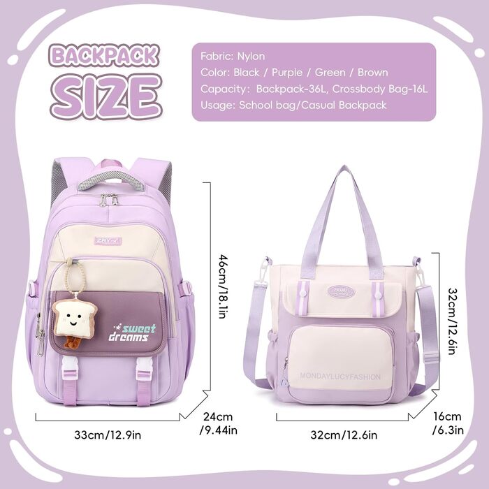 Набір шкільних рюкзаків для дівчаток: рюкзак та сумка через плече, 36л, 3-7 клас, фіолетовий