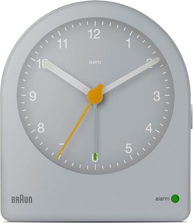 Braun Classic Analog Alarm Clock with Snooze Function and Continuous Backlight, Quiet Quartz Movement, Gradually Increasing Alarm Tone in Grey, Model BC22G.