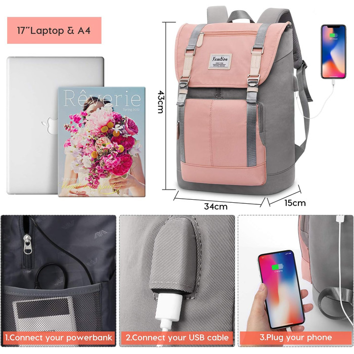 Жіночий рюкзак YAMTION з відділенням для ноутбука 17 дюймів, USB-порт, рожевий | Шкільний рюкзак для підліток та студентів