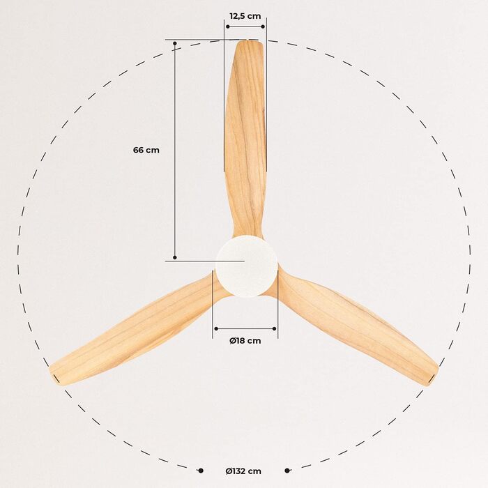 Вентилятор стельовий WINDCALM ABS білий з пультом, 40W, Ø132cm, 6 швидкостей, таймер, DC-двигун, літньо-зимовий режим, з підсвічуванням, колір світлого дерева