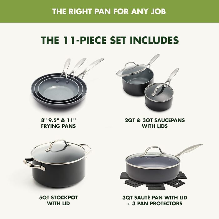 GreenPan Valencia Pro Thermolon Healthy Ceramic Non-Stick 11-Piece Cookware Set, Pots and Pans, PFAS-Free, Including Frypans, Saute Pans, Induction, Dishwasher Safe, Oven Safe, Grey Cookware Set 11-Piece