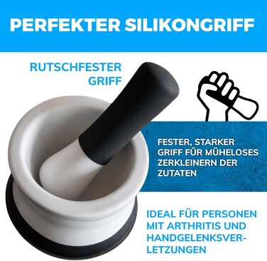 Набір для розмелювання EZ-Grip: ступка та пестик із силікону та порцеляни з неслизькою знімною основою. Новий дизайн, придатний для миття в посудомийній машині. Чорний, 15,25 см