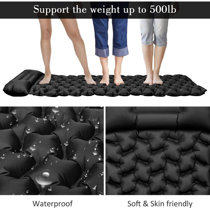 Ultralight Inflatable Camping Mat with Pillow - Waterproof Folding Air Mattress for Camping, Hiking, Travel & Backpacking - Black