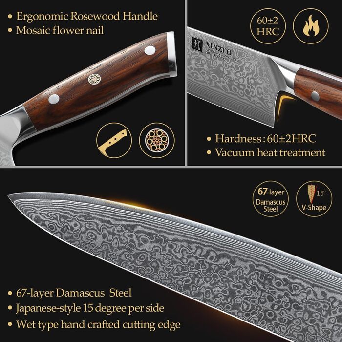 XINZUO 21cm Damascus Chef's Knife - 67 Layer Multipurpose Kitchen Knife for Meat, Fish & Vegetables - Gyuto Professional Hand-Forged Knife with Ergonomic Rosewood Handle