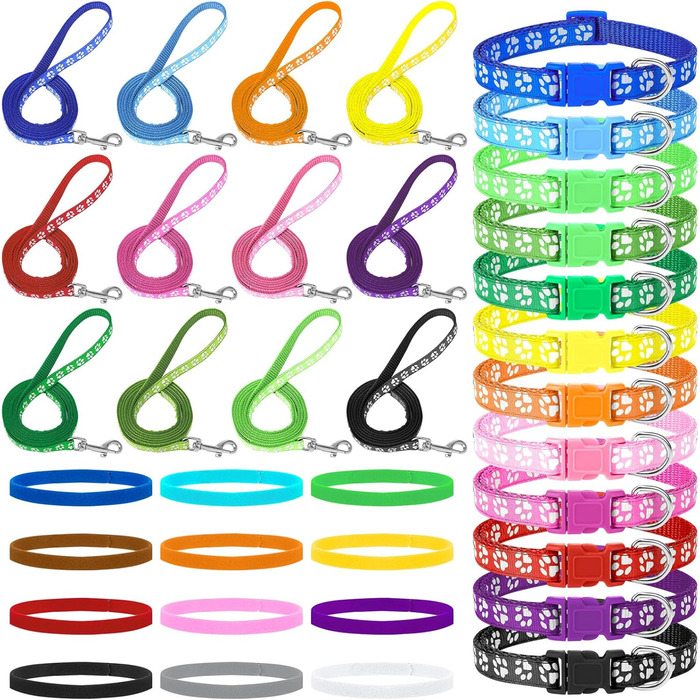 Набір повідків та нашийників для собак JieyueJewelry (36 шт.) з швидкою застібкою, регульовані, з принтом лапки, нейлон, для цуценят та маленьких собак