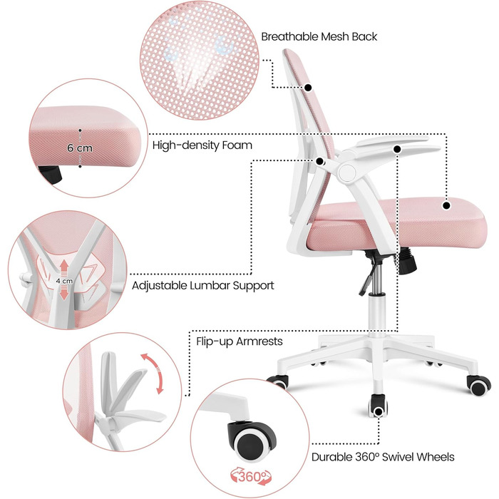 Офісне крісло Yaheetech з підйомними підлокітниками, сітчасте, ергономічне, з підтримкою попереку, функцією гойдання та регулюванням висоти (Рожеве)