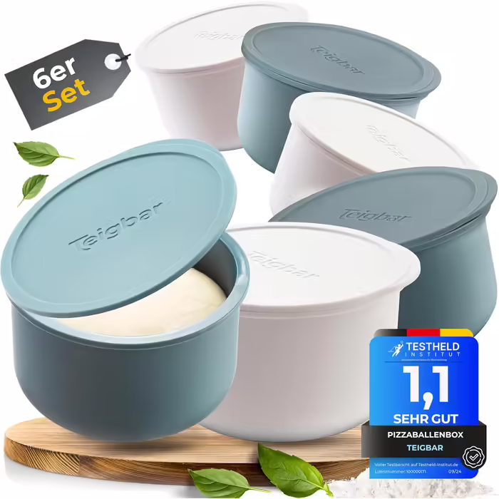 Pizza Ball Box with Lid, Set of 4 - Space-saving dough box made of non-stick silicone - Holds up to 350g of pizza dough - Proofing box, pizza accessories, pizza box - Black/Gray - Ø13cm (6-piece blue+white)