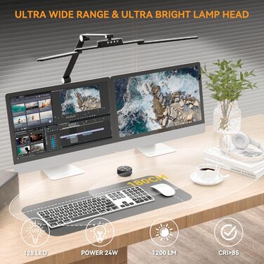 LED лампа для столу Rigors 60 см з двома головками, диммування, 900 лм, денне світло, захист очей, кріплення, 5 кольорів, 10 рівнів яскравості, гнучкий шийка 360°, з адаптером живлення (Th-black)