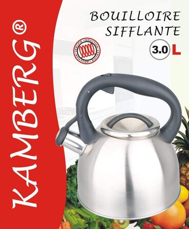 Чайник-заварник Kamberg 3 літри з нержавіючої сталі, сірий, для всіх плит (індукція), ергономічна ручка
