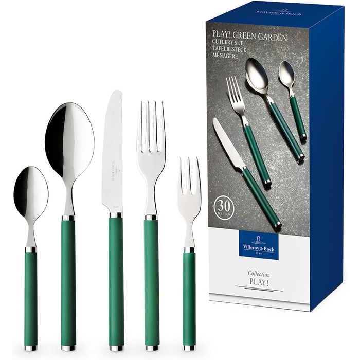 Villeroy & Boch – Play! Green Garden Tableware Set, 30 pieces, 6 people, green, dishwasher-safe, cutlery with colorful handles, cutlery with plastic handles, cutlery set, tableware set, stainless steel, plastic