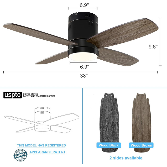 Стелянка вентилятор Ohniyou з підсвіткою та пультом дистанційного керування, 96,5 см (38 дюймів). Тиха, регульована яскравість, для спальні, тераси, внутрішнього та зовнішнього використання (чорний, сучасний)