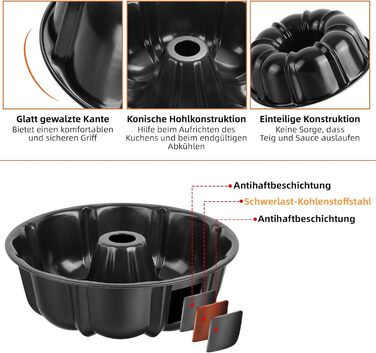 Форма для кексів Onader, карбонова сталь з антипригарним покриттям, 25,5 см, кругла, для випікання кексів, хліба, здоби, легко миється (чорна)