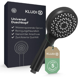 KLUDI-X1 Universal Shower Head with Hose, optional showerhead for water-saving use with 3 spray patterns (Body, Hair, Skin), easy-to-clean shower head Ø 10.7 cm, shower hose 1.60 m (Matte Black, 1 spray pattern)