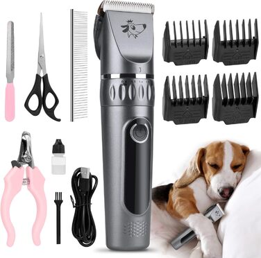 Безшумна машинка для стрижки собак і котів з 2 швидкостями, акумуляторна, бездротова, з 11 насадками (срібна)