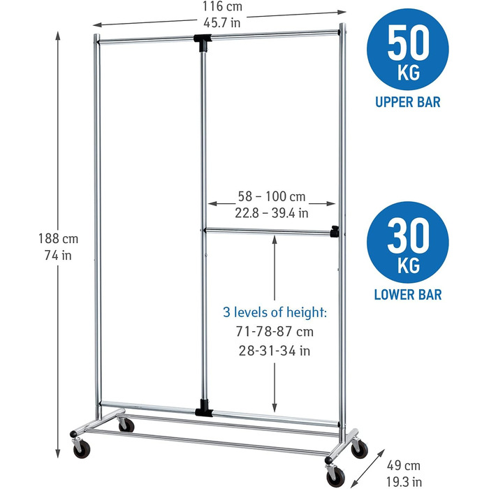 Tatkraft Drago Clothes Rack - Stable, with 2 Clothes Rails, up to 110 kg, Coat Rack, Adjustable, Clothes Rack on Wheels, Metal, (Silver)