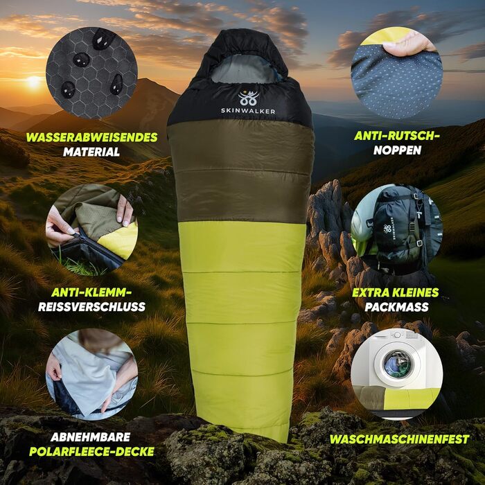 Спальний мішок SKINWALKER 3-4 сезони з знімним флісовим вкладишем, ультралегкий (-1600г), для кемпінгу та походів, м'який, зелений