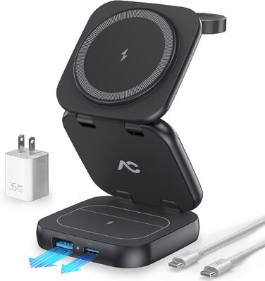 Бездротова зарядна станція AC Island 5-в-1 для iPhone 17/16/15/14/13/12, Apple Watch Ultra/11 та AirPods Pro, MagSafe, складана, срібляста (з адаптером 35W)