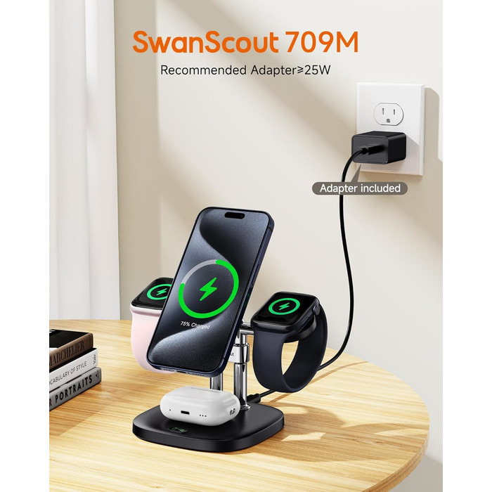 Зарядний пристрій SwanScout 709M Black: Двопортова зарядка для Apple Watch та iPhone (11/Ultra 3/SE 3, Air/17 Pro Max/17 Pro/17/16/15/14)
