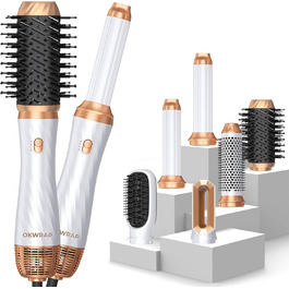 Набір для укладки волосся 5 в 1, стайлер для волосся, фен, плойка, щітка для об'єму, термощітка, для випрямлення, сушіння, створення об'єму та локонів (біло-сірий)