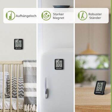 Bresser 6-Piece Thermometer Hygrometer Set - Digital Room Thermometer for Controlling Indoor Humidity, Refrigerator Suitable, Wall Mounting and Magnetic, Mold Prevention - Smiley Indicator, Black