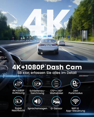 Відеореєстратор SIGRILL Dashcam Auto 4K+1080P з Wi-Fi, двоканальний, з карткою 64GB, нічне бачення, паркувальний режим, G-сенсор, запис по колу, підтримка до 256GB