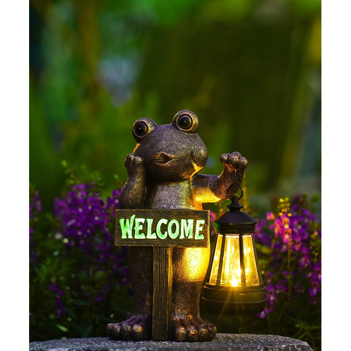 Goodeco Solar Garden Frog Decoration Stand with Welcome Sign - Outdoor Decoration for Terrace, Balcony, Yard, Lawn - Unique Housewarming Gift for Grandma and Grandpa, Gardening Enthusiast, Copper