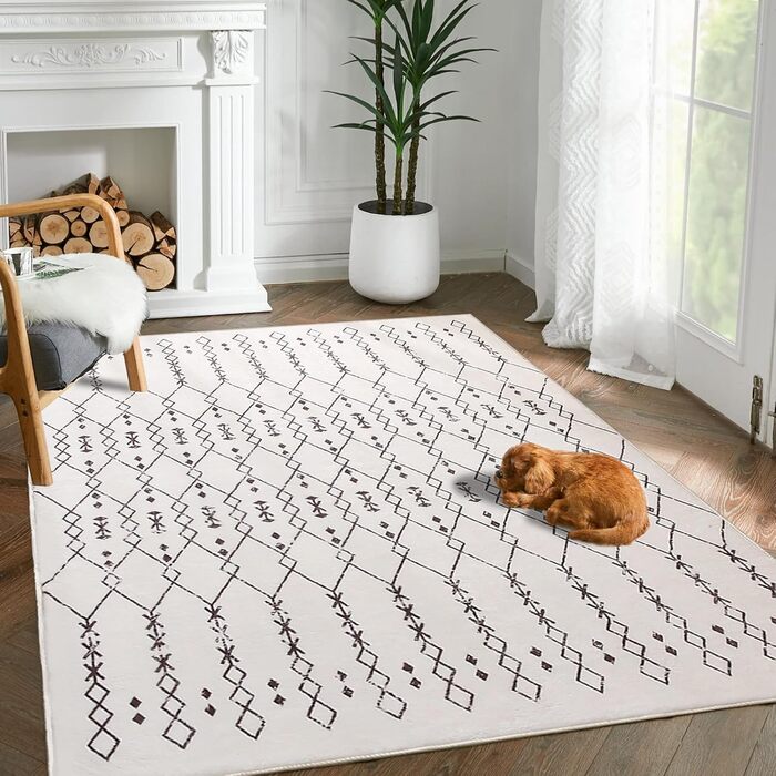 Килим для вітальні абстрактний великий, бежевий/слонова кістка, 120 x 160 см. Короткий ворс, підходить для вітальні, спальні, їдальні.