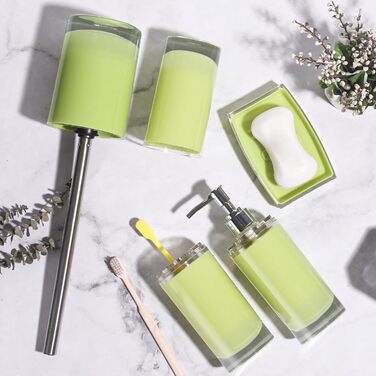 Acrylic Bathroom Accessories Set, Lotion/Soap Dispenser, Soap Dish, Toothbrush Holder, Tumbler, Toilet Brush and Holder, Modern Bathroom Decoration and Housewarming Gift Set, Orange, 5-Piece (Green-5)