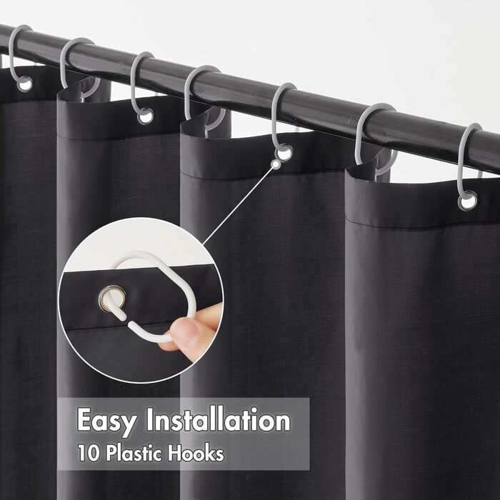 Шторка для душу MIULEE 150x180 см, темно-сіра, водовідштовхувальна, антигрибкова, текстильна, для ванни та душу, з 10 кільцями