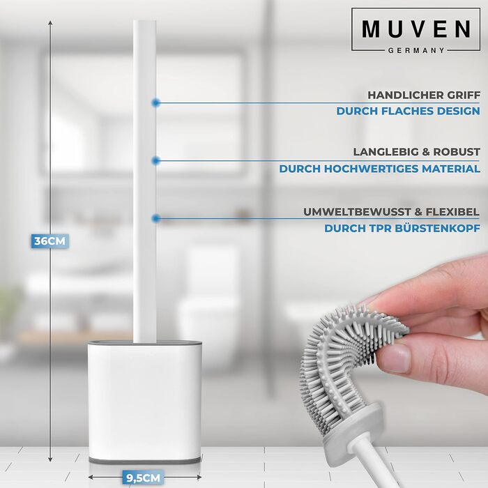 Силіконова щітка для унітазу MUVEN® з плоскою та гнучкою насадкою, швидковисихаючий тримач та гумові виступи - щітка для унітазу на стіну без свердління (білий, матовий)