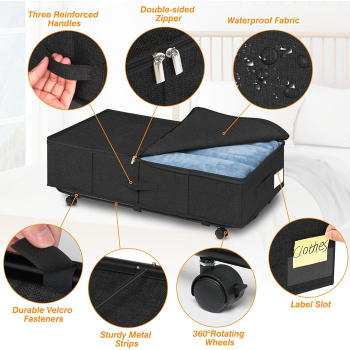Підліжкова комода на колесах 50л, 2 шт. Складна підліжкова комода з кришкою та блискавкою, велика підліжкова система зберігання на колесах чорного кольору з металевою основою для одягу, ковдр, постільної білизни