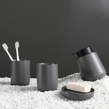 4-Piece Bathroom Accessories Set, Ceramic Bathroom Accessories Set with Soap Dispenser, Soap Dish, Toothbrush Holder, Elegant Matte Bathroom Set with Embossed Details, White (Gray)