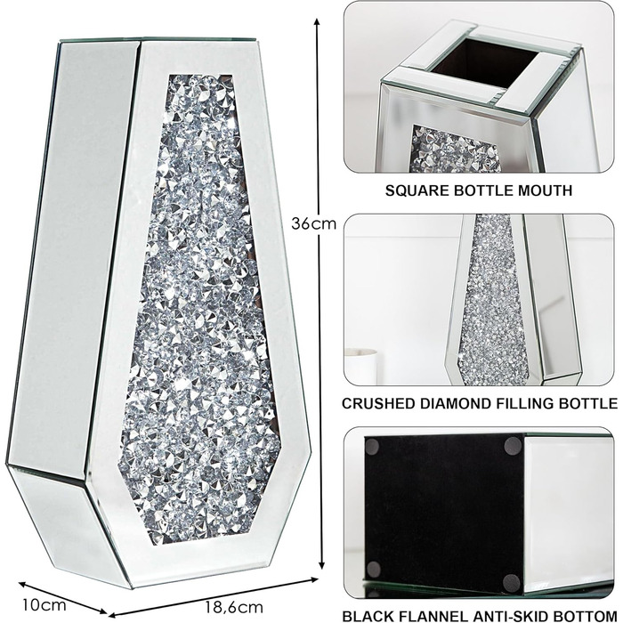 Срібна ваза Shyfoy з дзеркальною поверхнею, 36 см, з декором з кристалів та діамантів. Сучасна ваза для декору інтер'єру, для дому, на стіл, вхід.